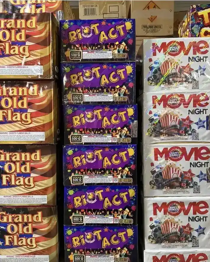 Riot Act, Grand Old Flag, and Movie Night fireworks stacked in the showroom